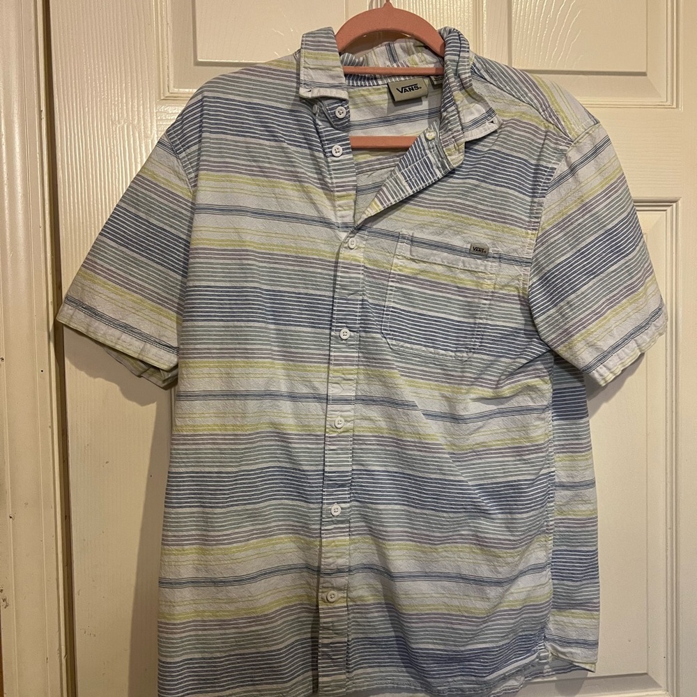 Vans Men's Casual Blue and Green Striped Shirt